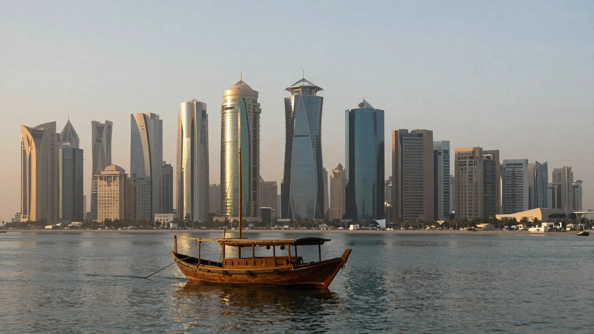 أفق مدينة الدوحة عاصمة قطر مع أبراج الخليج الغربي وكورنيش الدوحة وقارب تراثي على مياه الخليج العربي